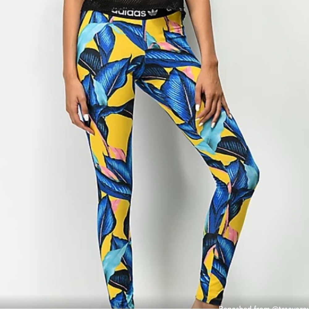 adidas Yellow Leggings with Blue Tropical Leaf Print